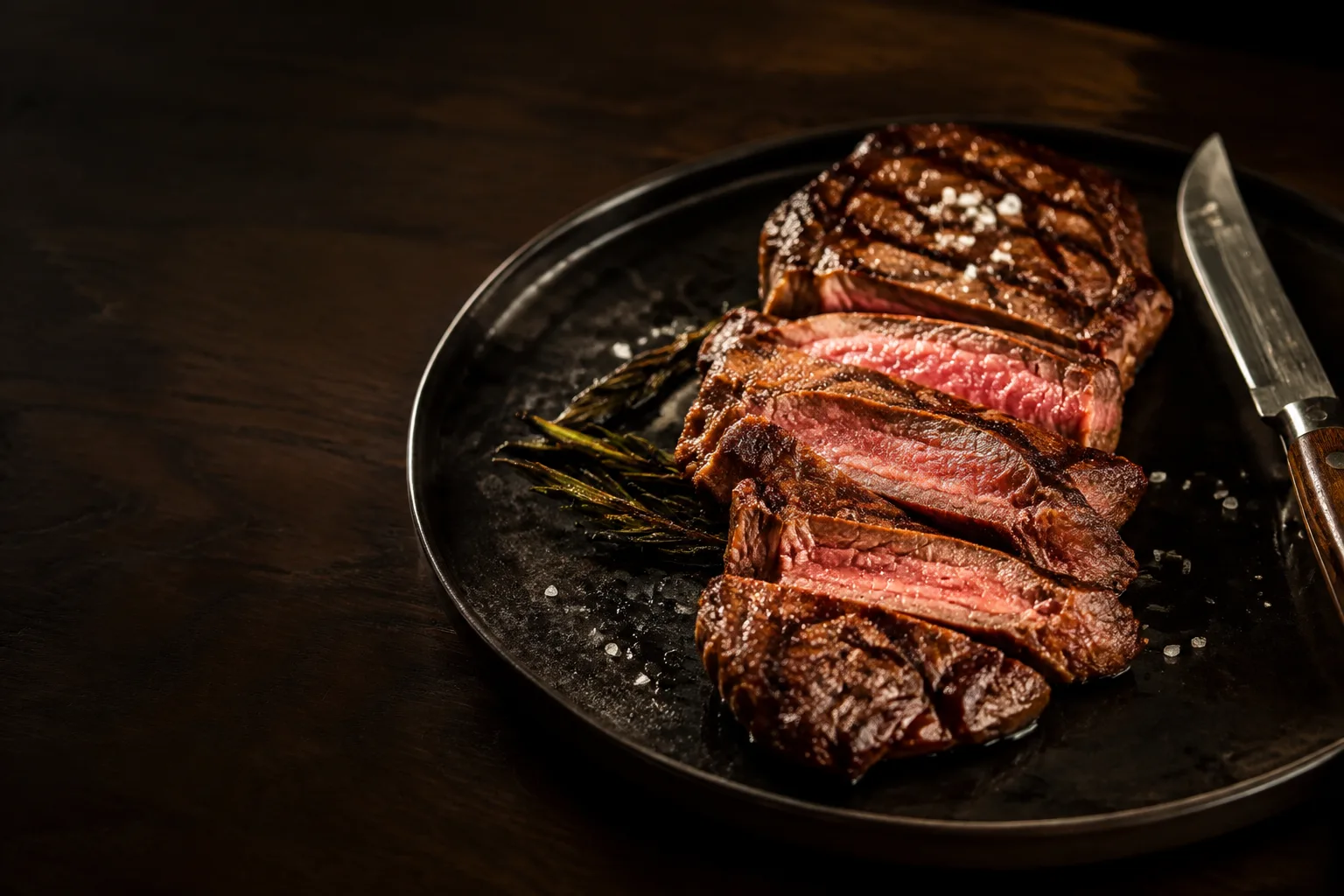 Ribeye cortado sobre un plato oscuro; imagen ilustrativa